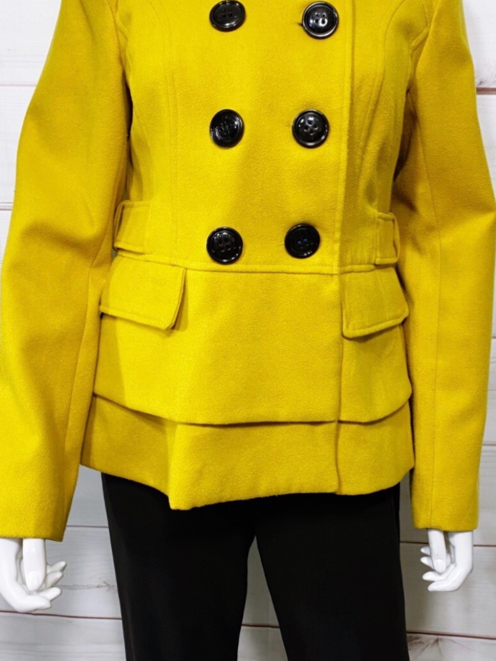 Steve Madden Bright Yellow Double-Breasted Peacoat with Black Buttons